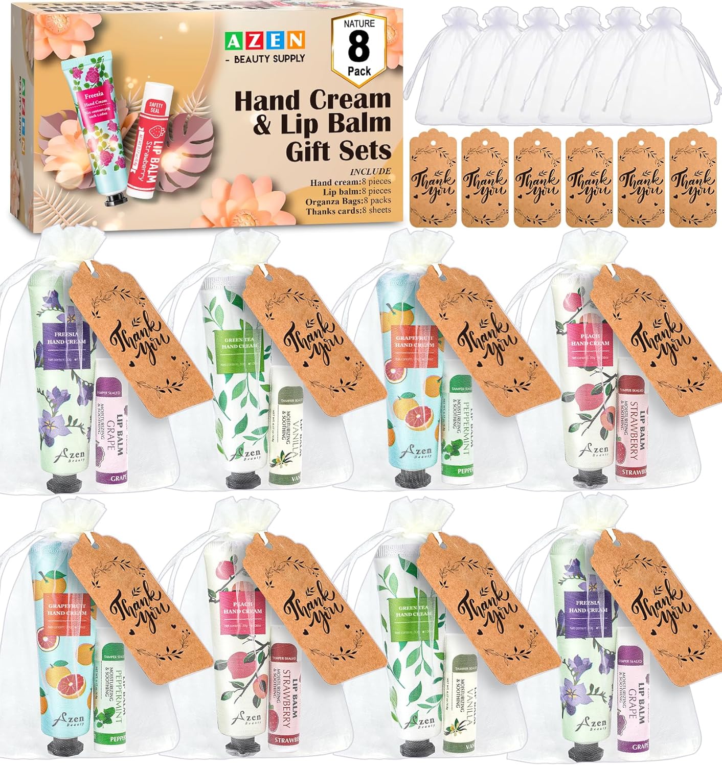 Hand Cream and Lip Balm Gift Set - 16 Sets with Organza Bag | Perfect for Baby Showers, Weddings, and Mother's Day