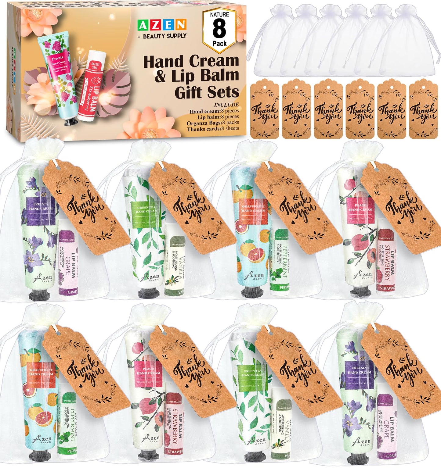 AZEN 8 Sets Bulk Gifts, Hand Cream and Lip Balm Bulk Set with Organza Bag Thank You Card, Baby Shower Wedding Gift for Guests, Bridal Wedding Favors for Guests, Mothers Day Gifts Stocking Stuffers