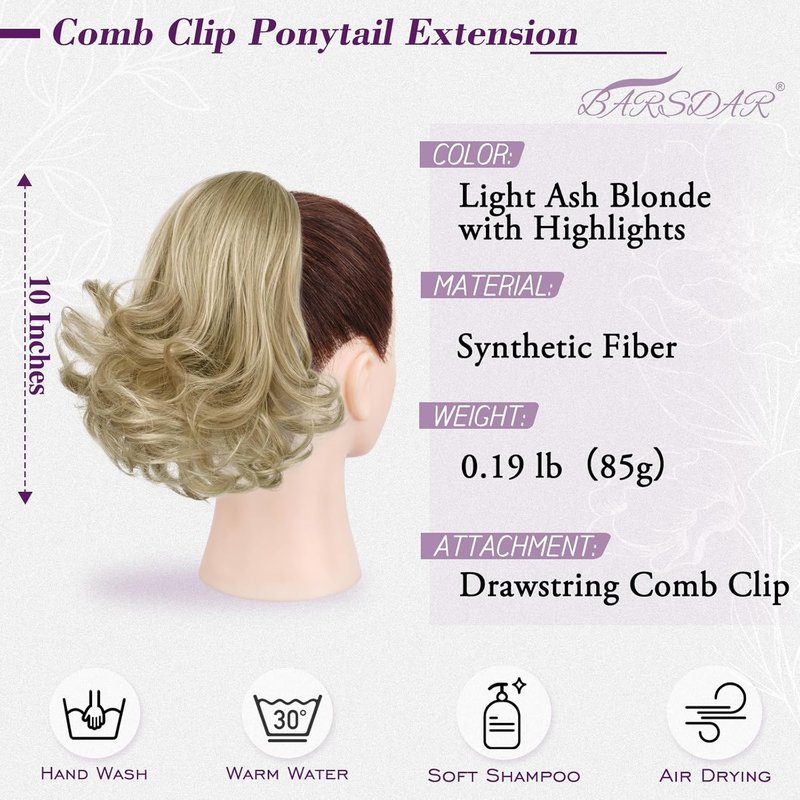 Short Blonde Wavy Drawstring Ponytail - 10 Inch Synthetic Clip-In Hair Extensions | Light Ash Blonde with Highlights