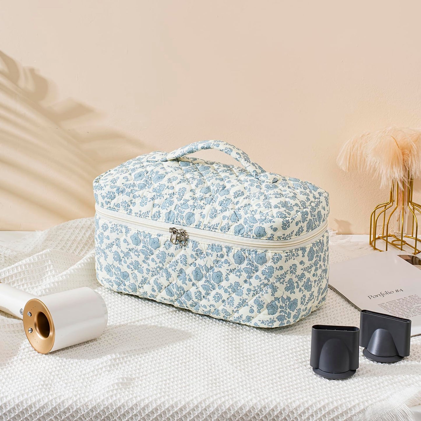 Quilted Cotton Hair Tools Travel Bag Compatible with Dyson Airwrap,Hair Styling Cosmetic Case for CurlingIron,Flat Irons and Attachments,Portable and Foldable Makeup Bag (01Blue Flower)