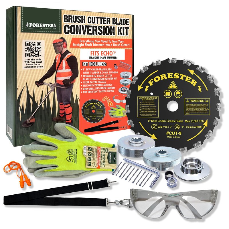 FORESTER Brush Cutter Trimmer Conversion Kit with Cut-9, Includes Safety Glasses, Earplugs, Gloves, Harness, Compatible with Echo Models SRM-225, SRM-225i, SRM-266, SRM-280, SRM-280S, and SRM-280T