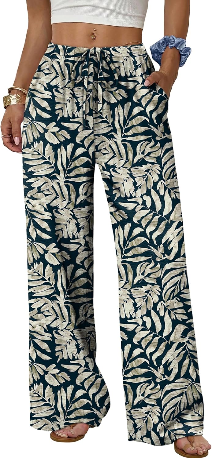 Wide Leg Pants for Women - Flowy Palazzo Trousers with Drawstring & Pockets | Summer Beach Vacation Wear