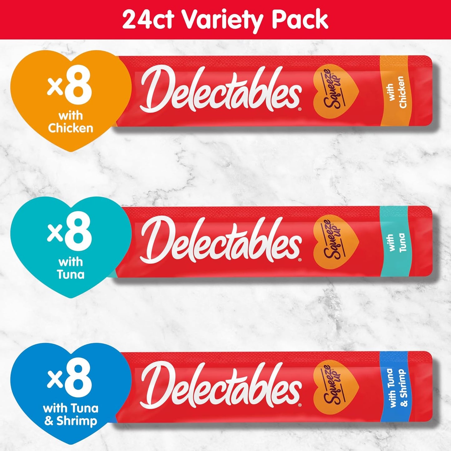 Delectables Squeeze Up Cat Treats - Creamy Lickable Puree Variety Pack | Grain-Free, 24 Tubes, 0.5 Ounces Each