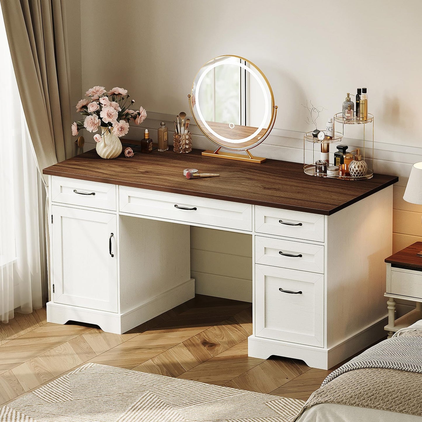 OffiGo 59 Inch Farmhouse Desk with Drawers, Executive Computer Desk with Charging Station, Wood File Cabinet Storage for Home Office, Walnut+White