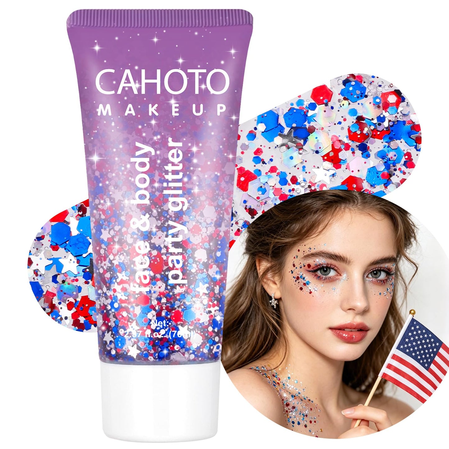 CAHOTO Flag Hexagon Glitter Gel, Red White Blue Hex and White Star, Patriotic Pride USA Flag Sparkling Sequins for Independence Day 4th of July Memorial Day Semiquincentennial 250 Anniversary, 70ml