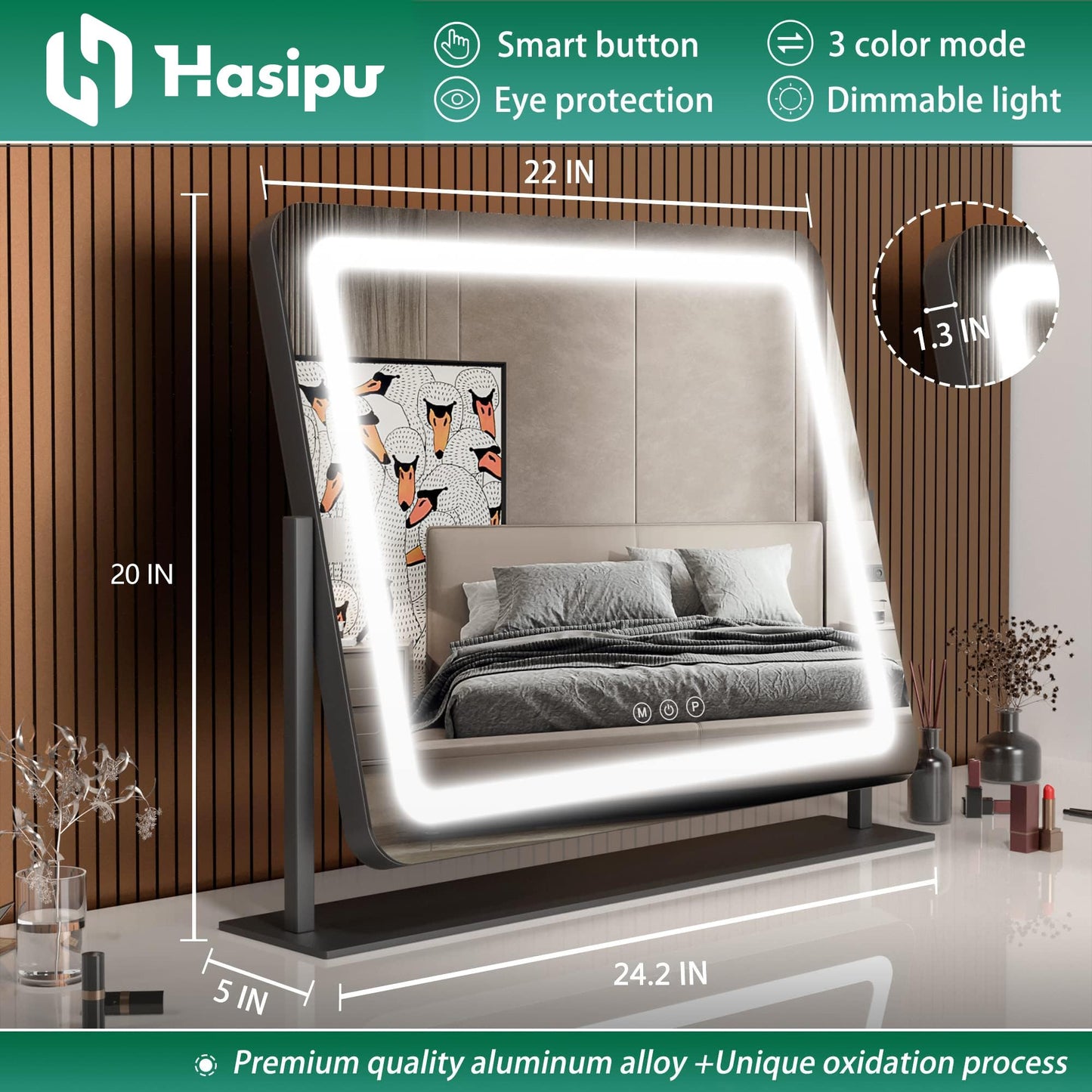 Hasipu Vanity Mirror with Lights, 24.2" x 20" LED Make up Mirror, Light up Mirror with 10X Magnification, Smart Touch 3 Colors Dimmable, Brightness Adjustment, 360° Rotation (Black)
