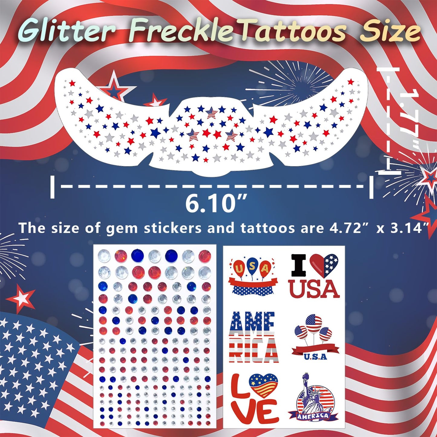 4th of July Tattoos, Red White Blue Face Glitter Freckles+Face Gems Hair Rhinestone+American Flag USA Temporary Tattoos for Patriotic, Independence Day Fourth of July Memorial Day Labor Day