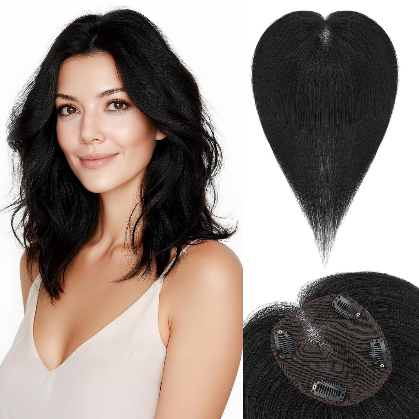 Human Hair Topper for Women - Lace Clip-In Hairpiece for Thinning Hair | Volume Boosting, 11 Inch Natural Black