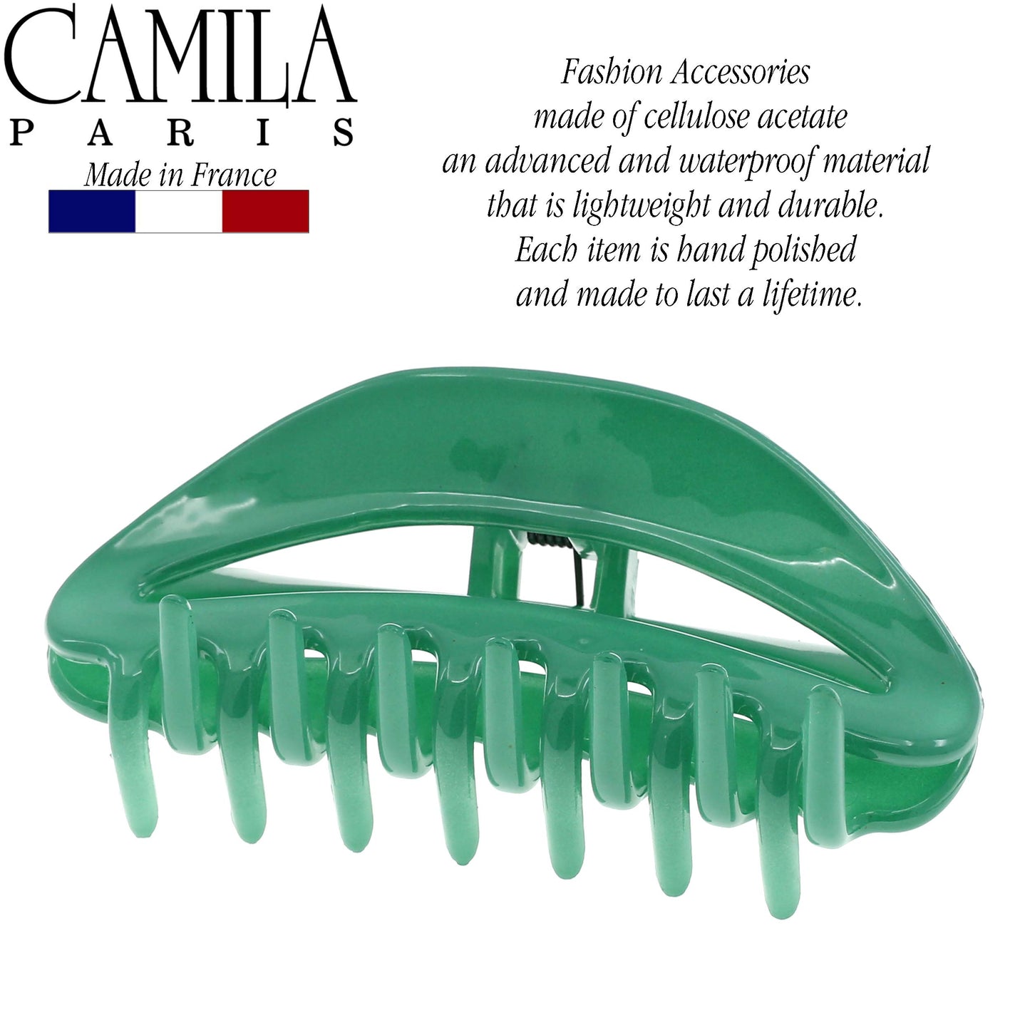 Camila Paris CP2581 French Hair Clips for Women, 3.5" Green, Large Claw Clip Strong Hold All Day, No Damage No Slip Claw Clips for Thick Curly Wavy Fine Straight Hair, Jaw Clip Made in France