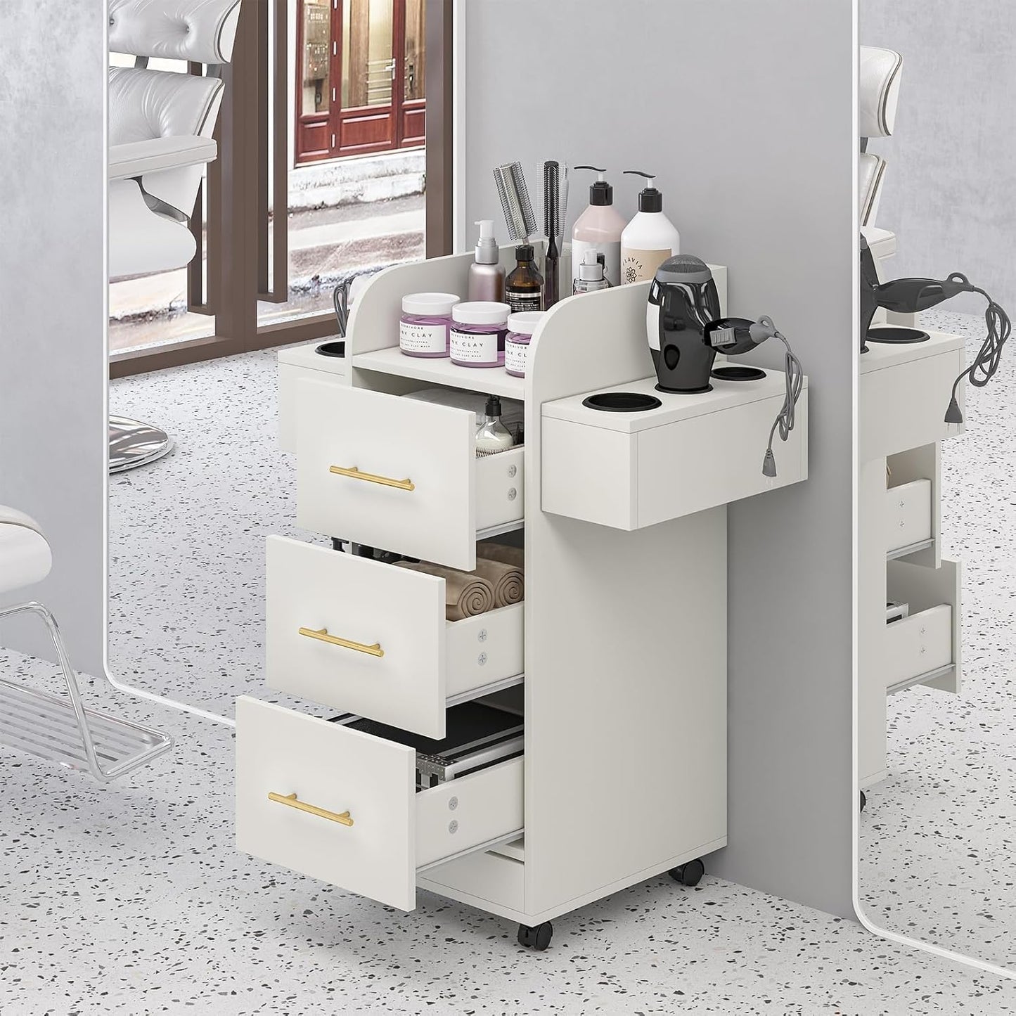 Rolling Salon Station for Hair Stylists - Mobile Trolley Cart with 6 Dryer Holders & 3 Drawers | White & Gold