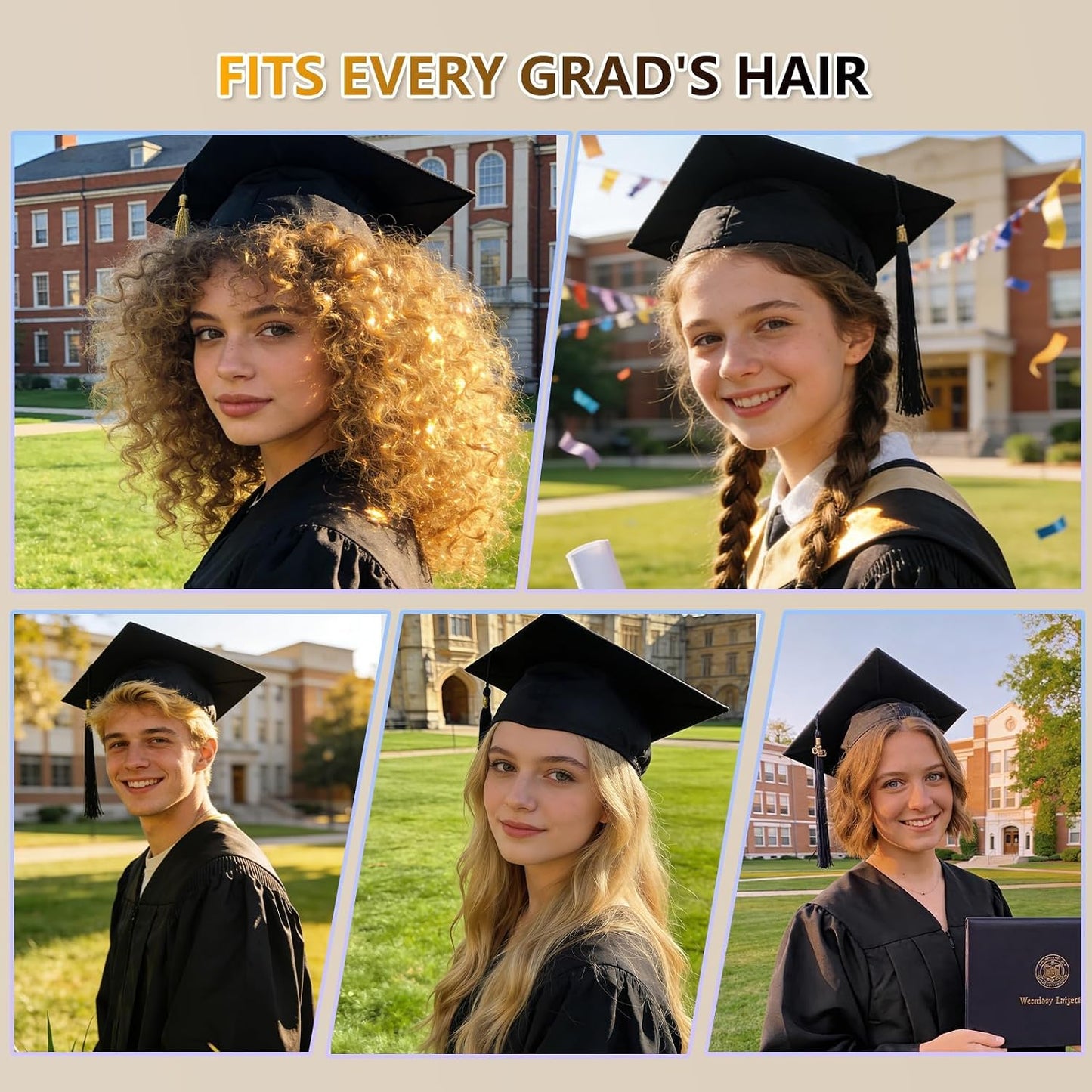 Graduation Cap Headband Insert - Firm Anti-Fall Hair Band for Secure Grad Cap | Black Square, 1 Pack