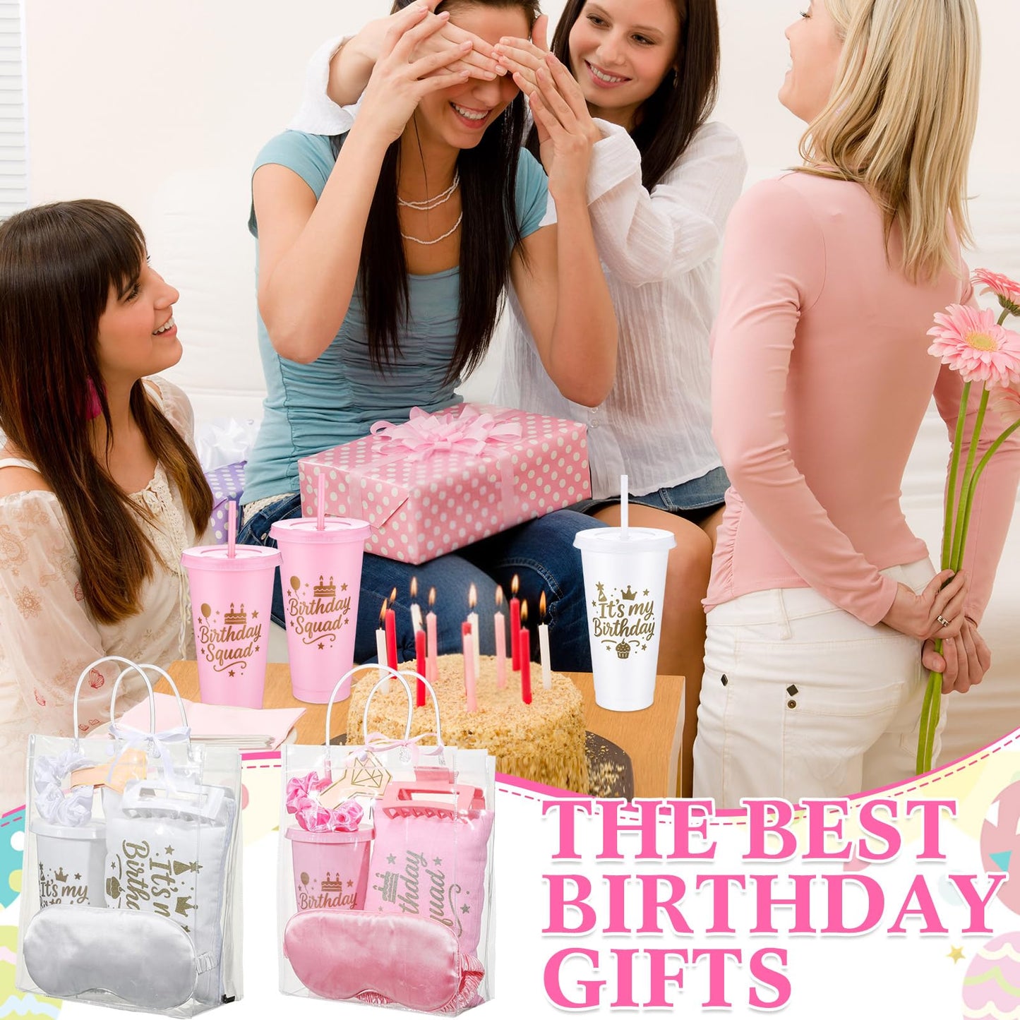 Ferrochef 6 Sets Birthday Squad Party Favors for Women Birthday Squad Cups Tumblers with Lids Straws Makeup Bags Satin Eye Masks Hair Clips Hair Scrunchies for Spa Sleepover Accessories(Pink White)
