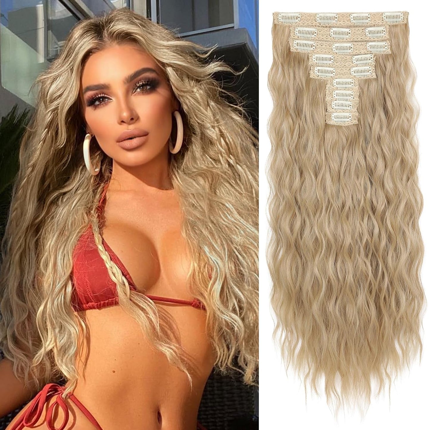 Clip In Hair Extensions - 24" Thick Long Loose Waves | Invisible Lace Weft, Natural Soft Hairpieces - Chocolate Brown with Blonde Highlights