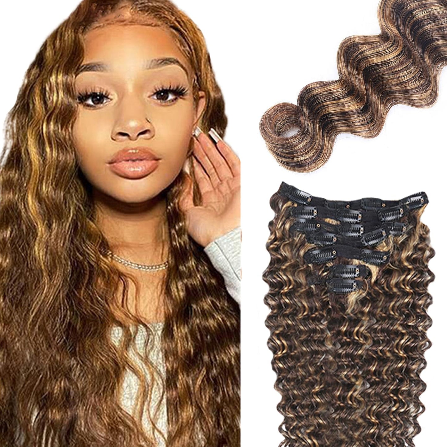 P427 Blonde Clip in Hair Extensions Real Human Hair, 24 Inch 120g/7Pcs,Full Shine Remy Human Hair,Highlight Brown Deep Wave Clip ins Brazilian Virgin Human Hair Extensions