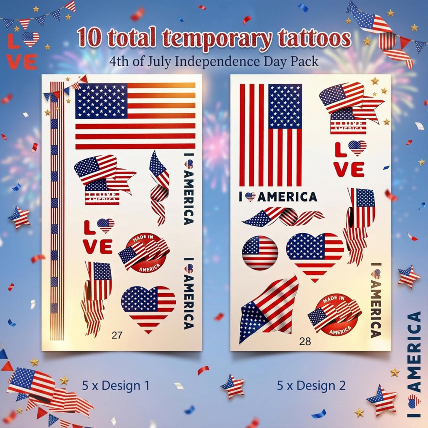 echosari 4th of July Temporary Tattoos, 105 PCS USA Tattoo Stickers, Fourth of July Body Art Decorations for Kids Memorial Day Party Celebration