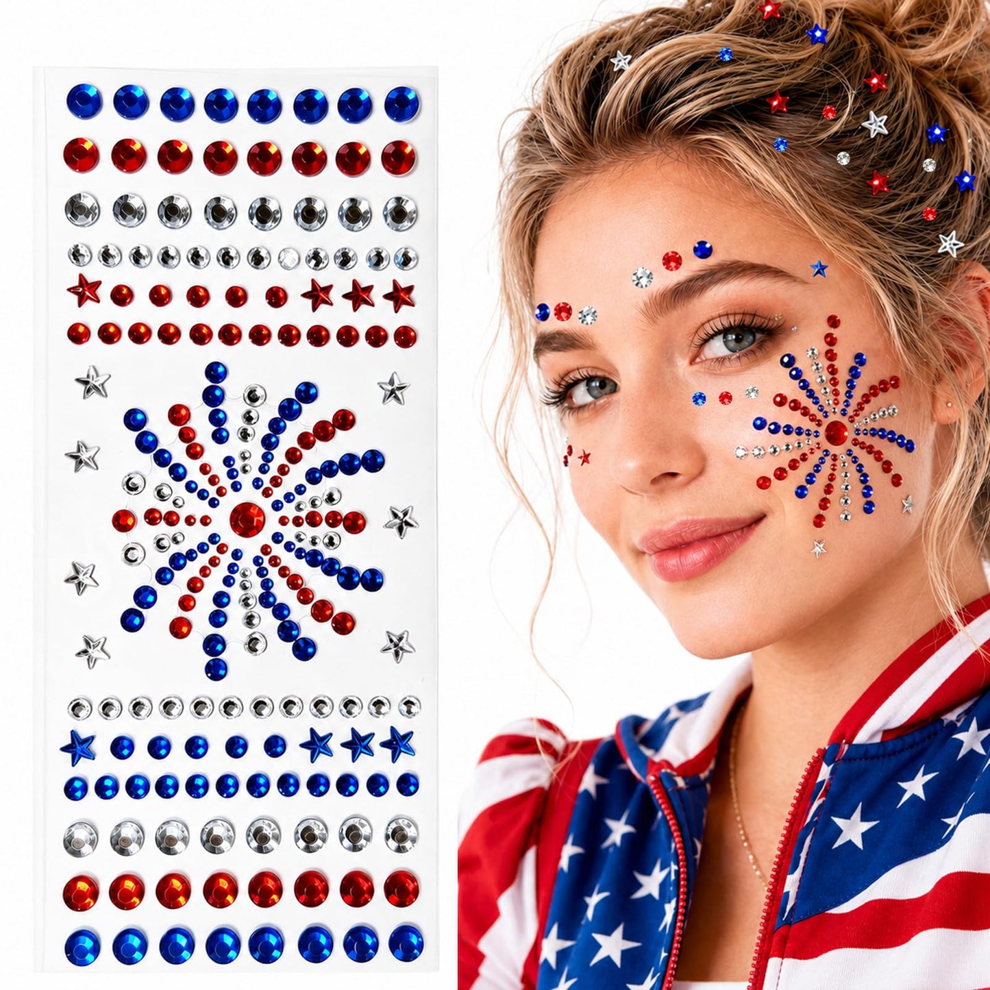 Go Ho 4th of July Star Face Hair Gems,Red White and Blue Patriotic Fireworks-Shaped Rhinestone Stickers,Self-Adhesive Glitter Crystal Gems,Festival Accessories for Women Kids on Independence Day