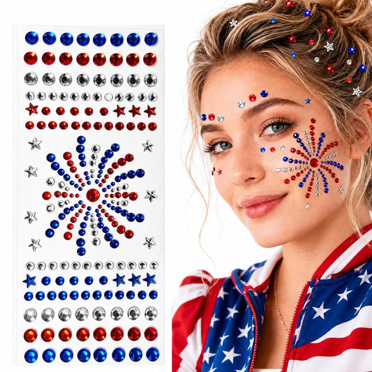 Go Ho 4th of July Star Face Hair Gems,Red White and Blue Patriotic Fireworks-Shaped Rhinestone Stickers,Self-Adhesive Glitter Crystal Gems,Festival Accessories for Women Kids on Independence Day
