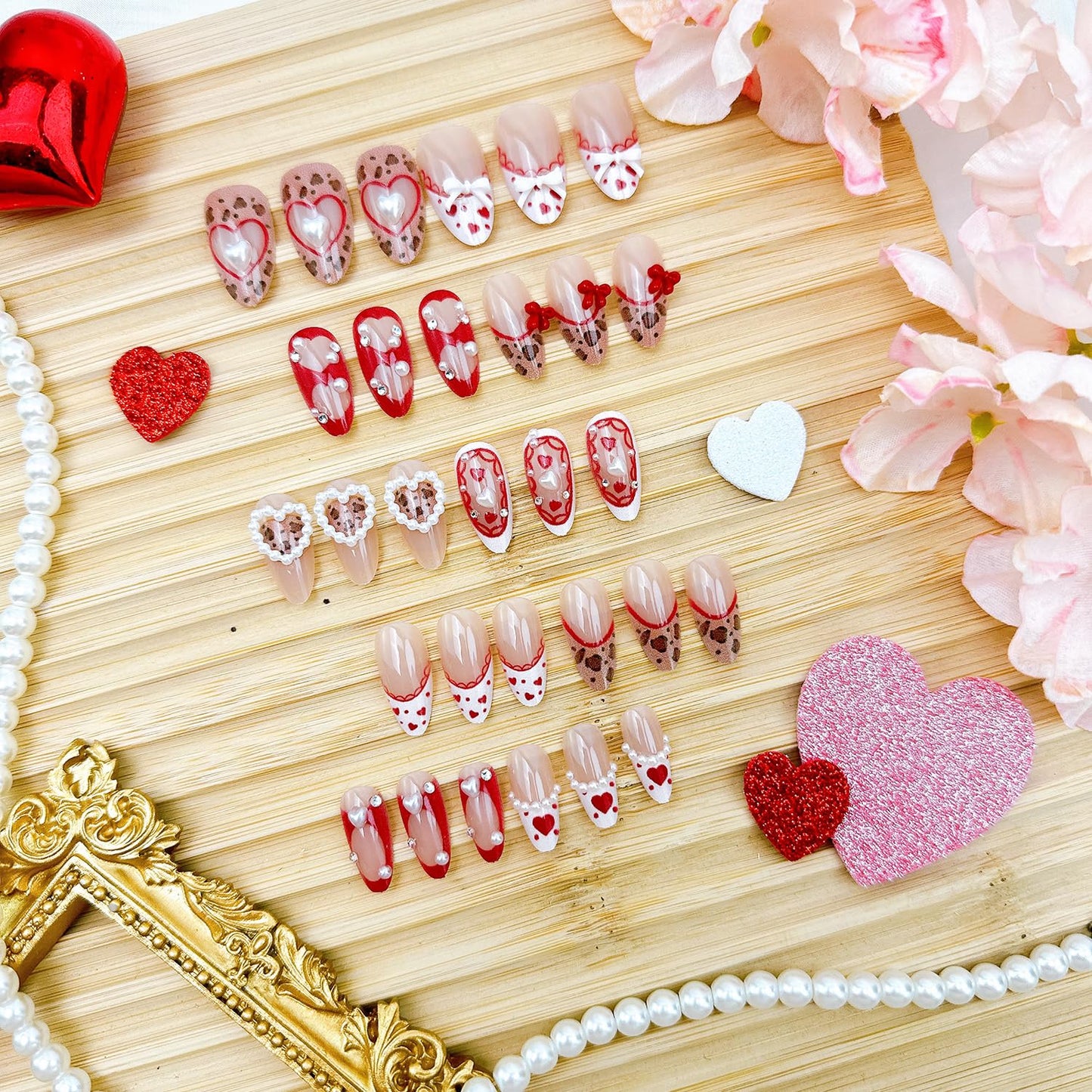 Leopard Print Press-On Nails - 30 Pcs Medium Almond Acrylic with Heart Pearl Bow & Rhinestones | Romantic Valentine’s French Tip Design