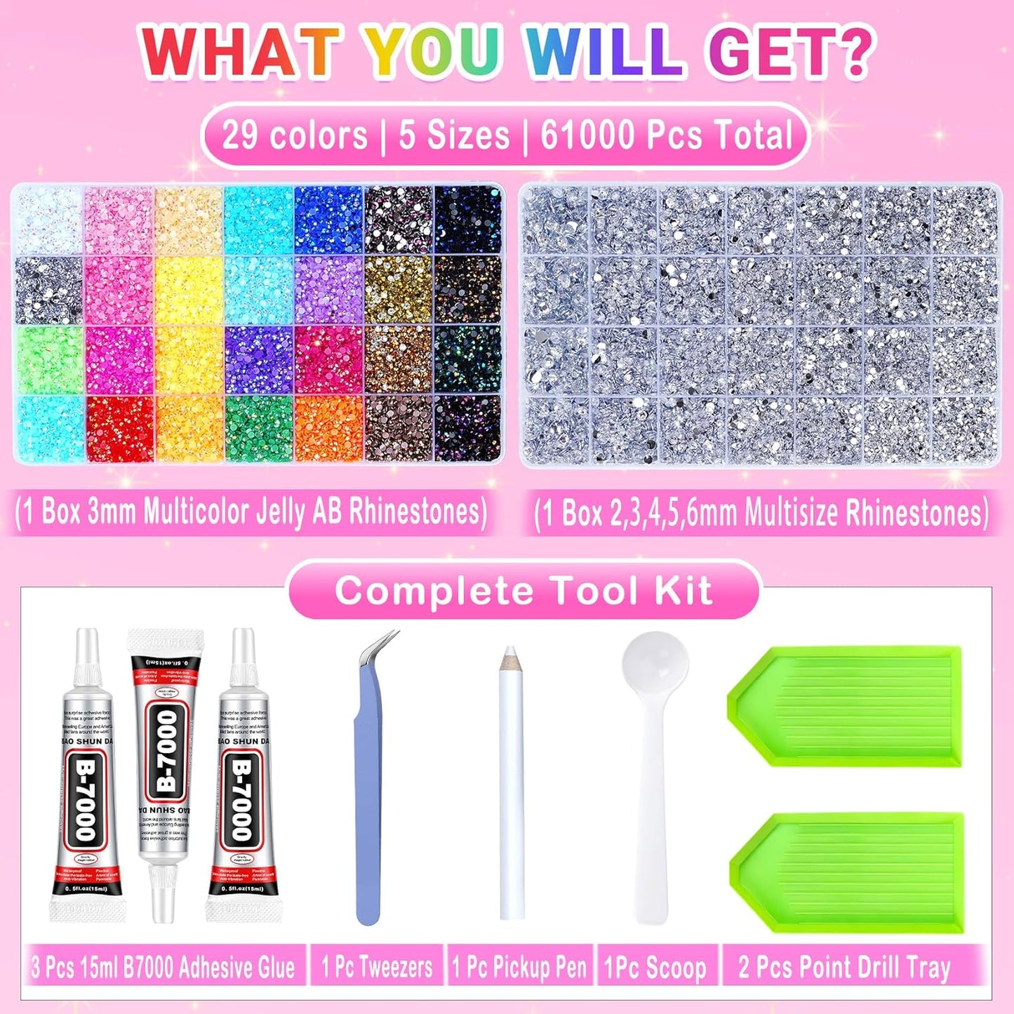 Jelly Rhinestones Kit - 61000 Pcs Multicolor & Silver Flatback Gems | 3mm, 2/3/4/5/6mm for Crafting & Bedazzling