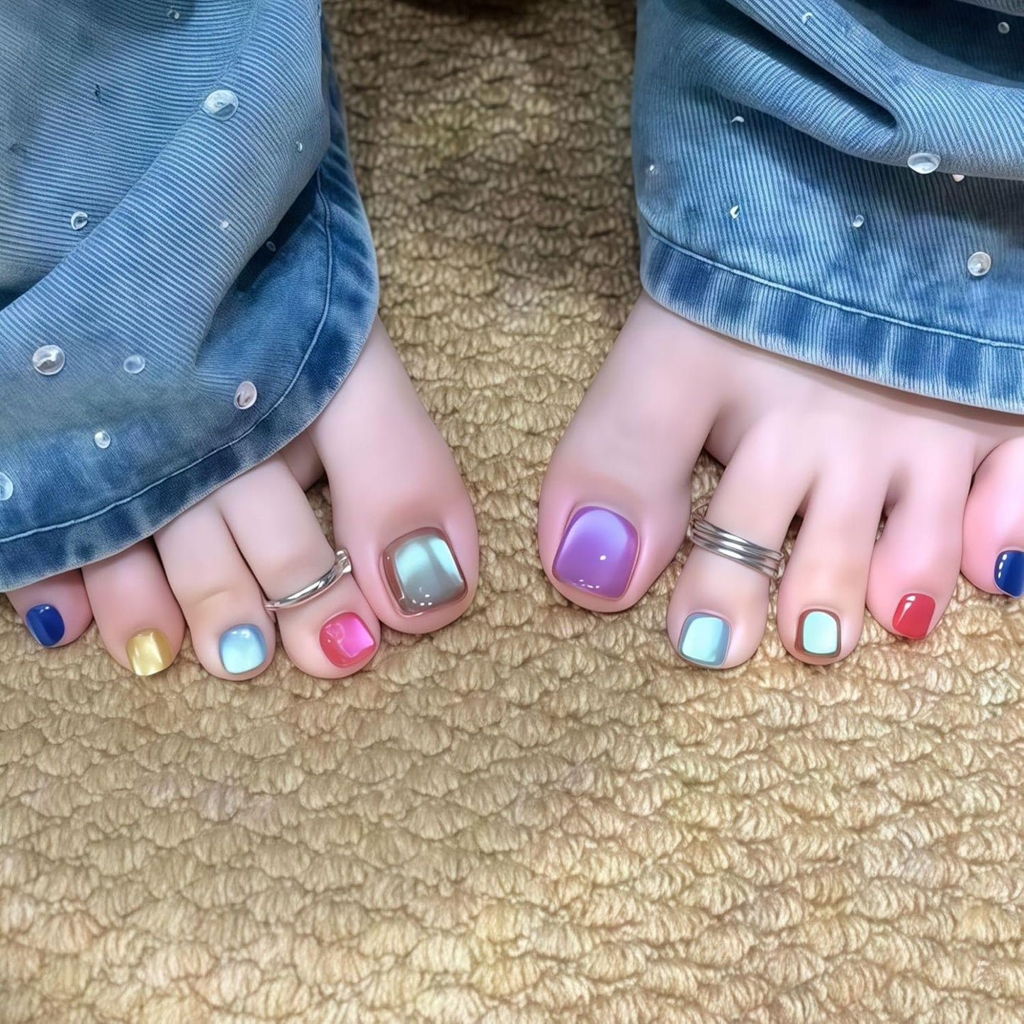 French Tip Press-On Toenails - Short Square Acrylic Nails with 3D Flower & Rhinestones | 24 Pcs Glossy Pink Set