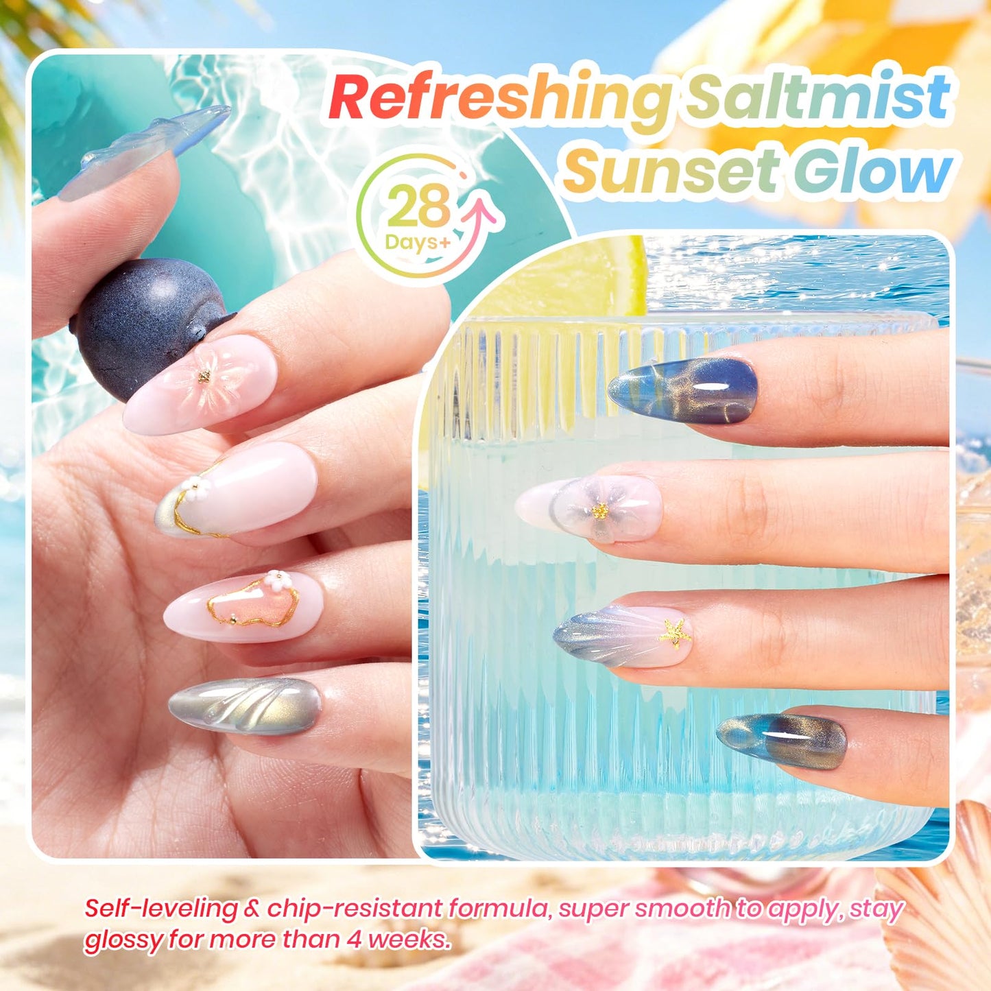 Beetles Summer Voyage Cat Eye Gel Nail Polish Set - 9ML 6 Colors Saltmist Sunset Summer Cat Eye Gel Nail Polish Kit Yellow Blue Green Pink Purple Soak Off UV Salon DIY at Home Manicure Gift for Women