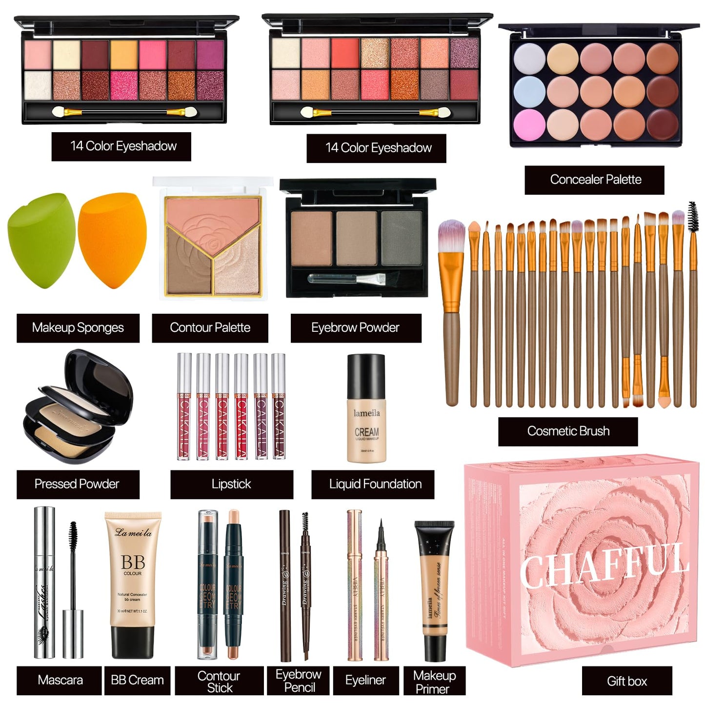All in One Makeup Set for Women Full Kit, Make Up Gift Set, Makeup Essential Bundle Includes Foundation Eyeshadow Palette Concealer Lipstick Eyeliner Mascara Cosmetic Brush Set For Women Girls Teens