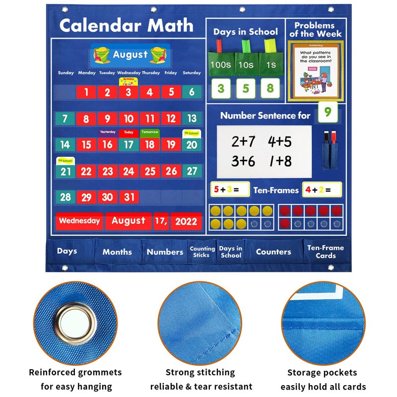 BOHEMIABY Circle Time Learning Center Classroom Pocket Chart Preschool, Educational Pocket Chart Teaching Materials, Learning Calendar Weather Counting Letter Color Shape (Math Classroom Pocket Chart)