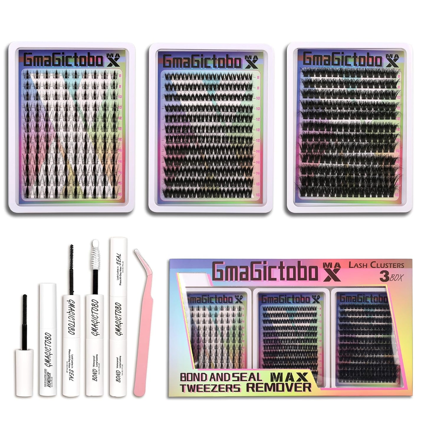 Lash Extension Kit - 640 Pcs Volume C Curl Eyelash Clusters | DIY Cluster Extensions with Bond & Tweezers
