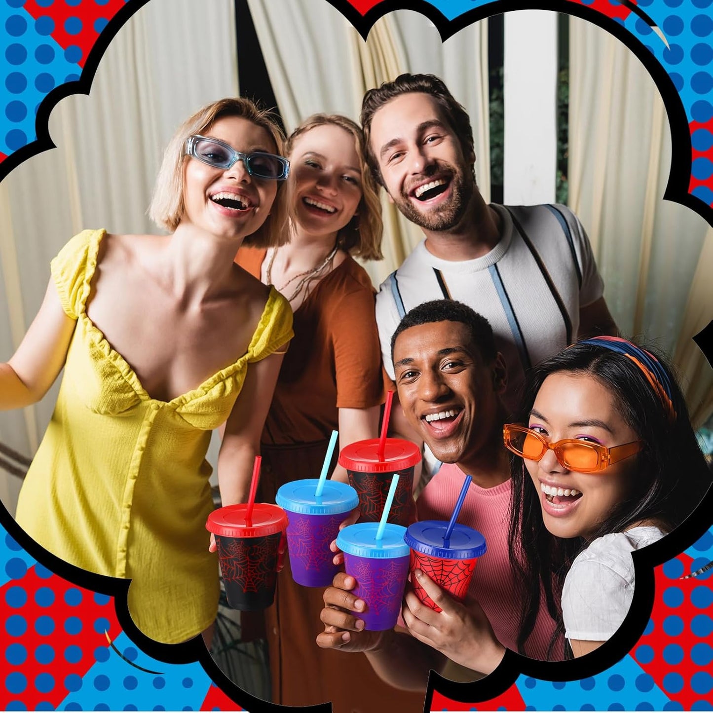 Spider Cups - 12 Pcs 16 oz Plastic Birthday Party Cups with Lids & Straws | Fun Spider Designs for Party Favors