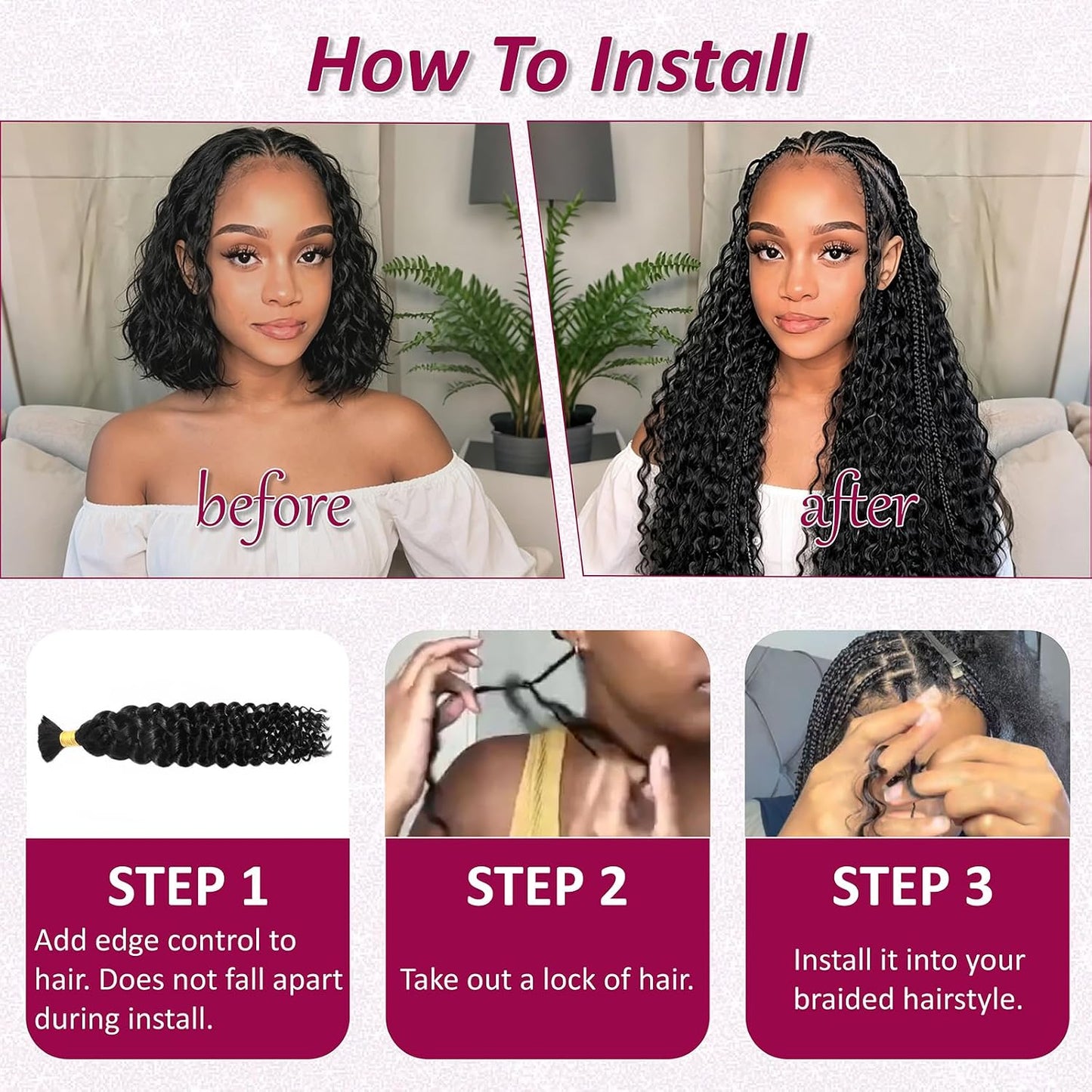 Water Wave Human Braiding Hair - 16 Inch Deep Curly Bundles for Boho Braids | 110g Natural Black