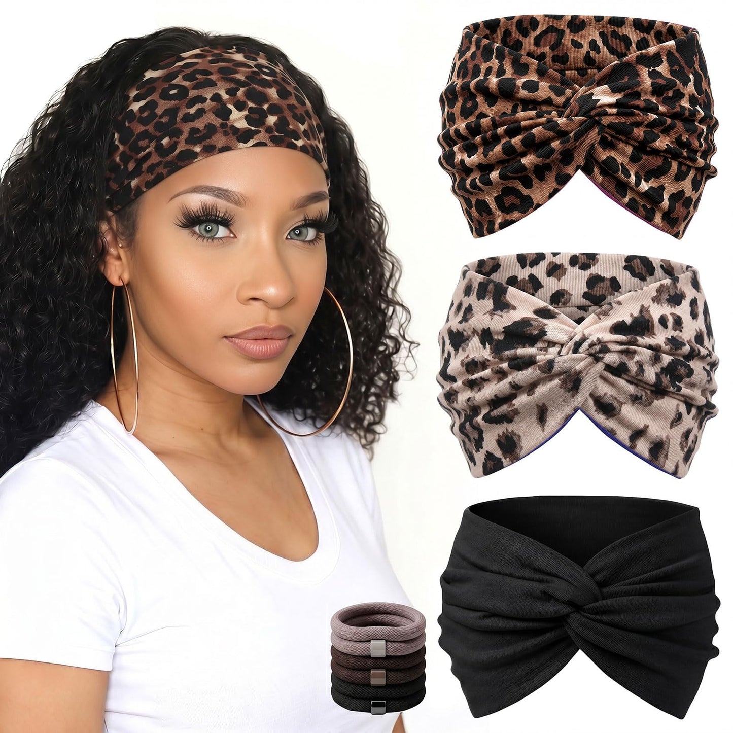 WENNKINN 7-Inch Wide Headbands for Women – 3 Pack Soft Thick Turban Hair Bands, Bandana-Style Head Wraps for Workout Yoga Sleep, Fashion Accessories with 6 Pcs Hair Ties-Brown leopard, Black