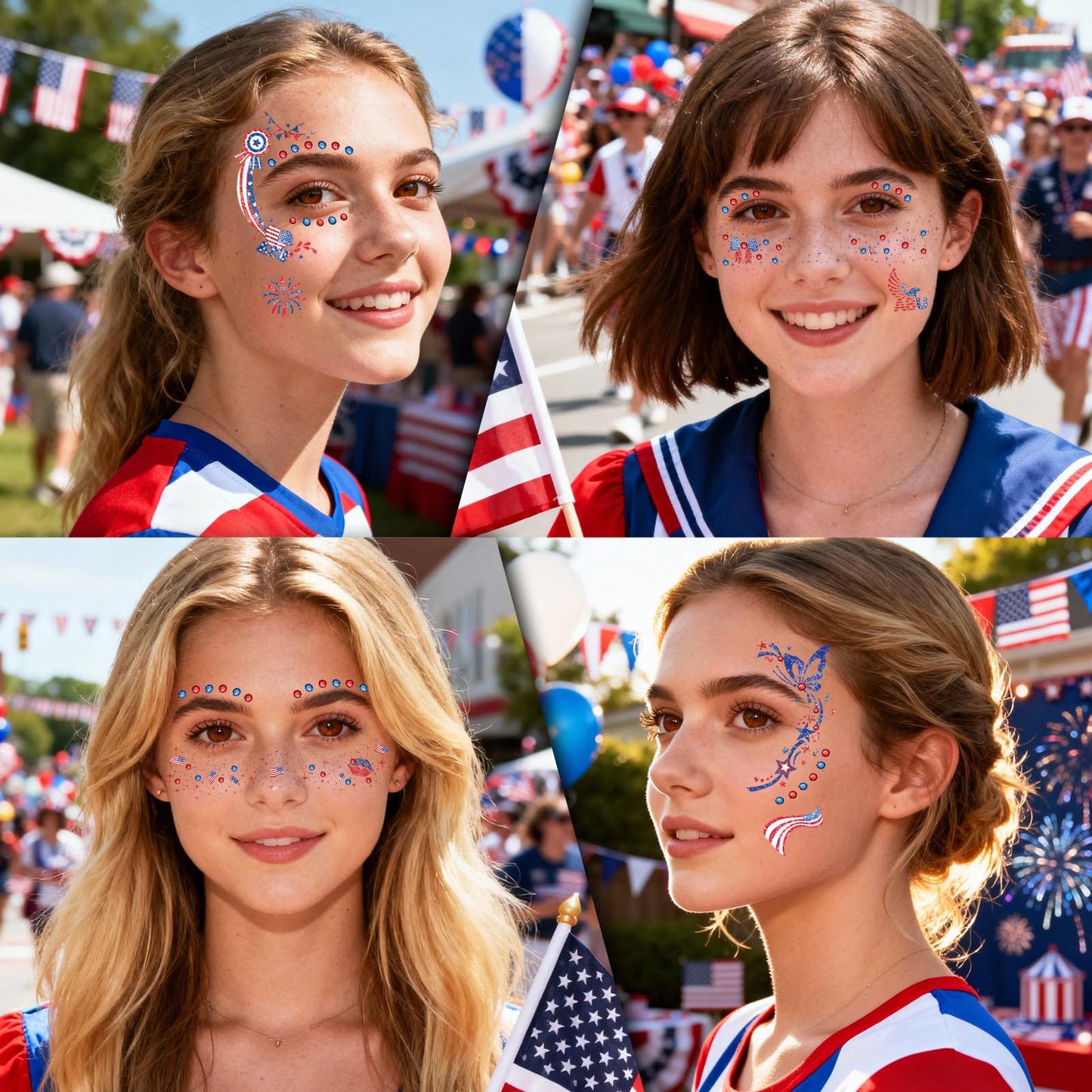 12Pcs Red White and Blue Glitter Freckles Face Tattoo for Makeup, 4th of July Accessories Sparkle Star Freckle Stickers with Rhinestones, Independence Day Patriotic Temporary Tattoos for Women