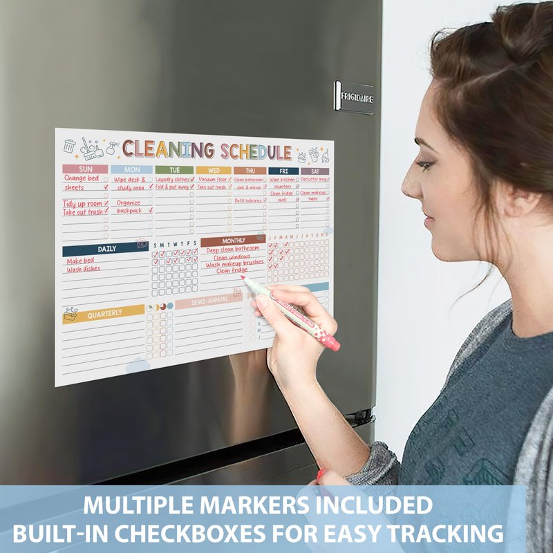 BLOOMOST Magnetic Cleaning Schedule and Checklist Dry Erase Board - Reusable Cleaning Schedule for Home, Kitchen & Bathroom | Weekly & Monthly Chore Chart for Adults, Strong Magnet, Easy Erase