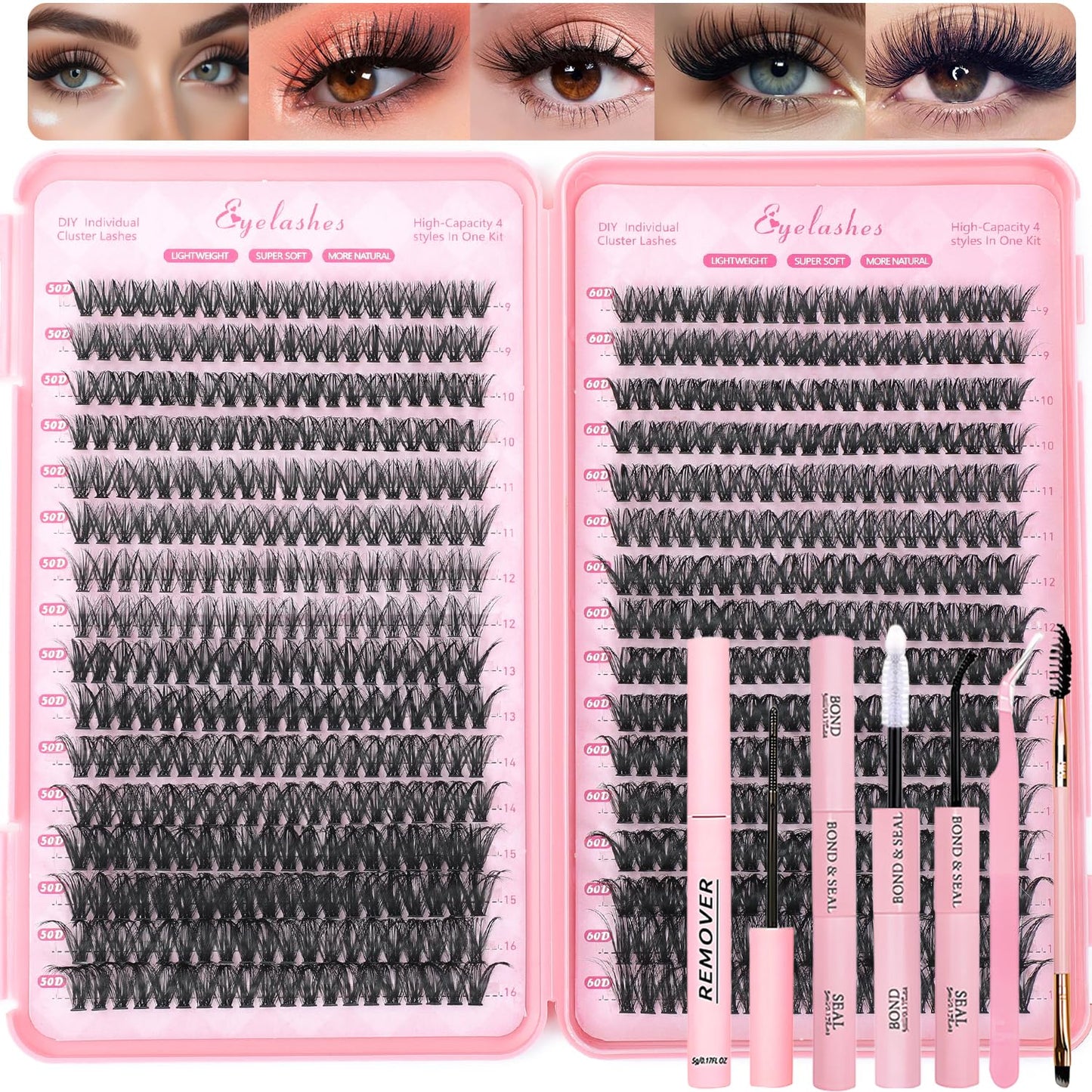 Lash Clusters Kit - 640 Pcs Fluffy Wispy Individual Eyelashes 9-16mm D Curl | Thin Band with Tweezers & Bond Seal