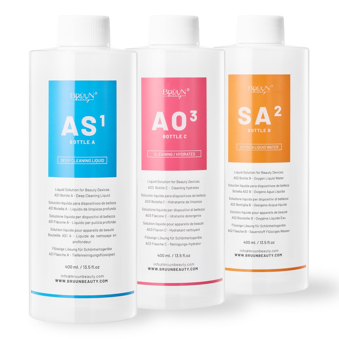 BRÜUN Aqua Facial Serums for Face Cleansing – A Pack of 400ml 3 Aqua Peeling Solution AS1, SA2, and AO3 –Skin Care Solution for Vacuum face Cleaning Jet for Home and Spa