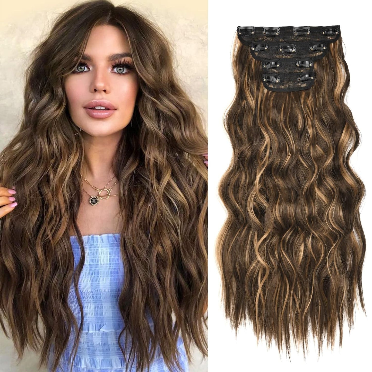 Clip-In Hair Extensions - 4PCS Natural Soft Synthetic Hairpieces for Women | Chocolate Brown