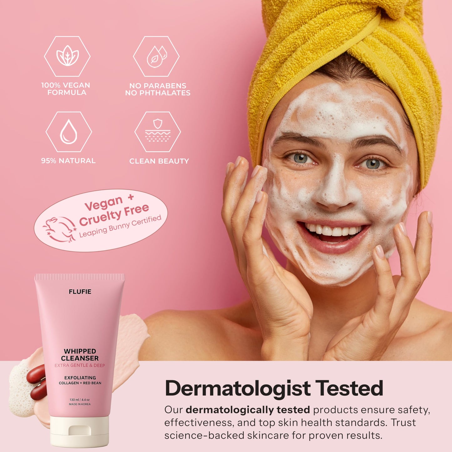 Flufie Whipped Facial Cleanser with Collagen & Red Bean – Gentle Exfoliating, Hydrating & Brightening for Smooth Skin – Dermatologist Tested, Anti-Aging, Korean Skin Care – Clean Beauty – 4.4 Oz