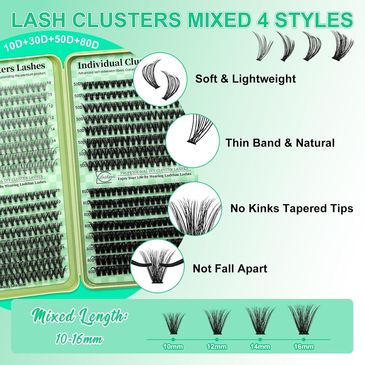 Lash Clusters Kit - Wispy DIY Eyelash Extensions with Bond & Seal | 10-16mm Sizes for Travel or Home Use