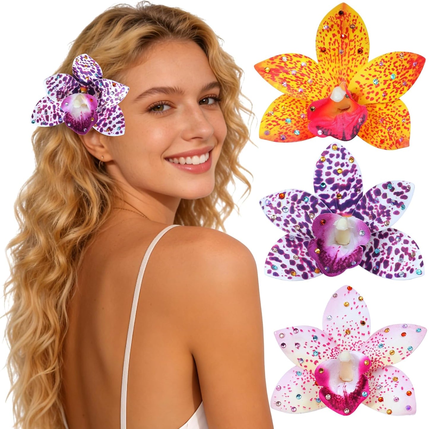 Hawaiian Flower Hair Clips - 3 Pack Tropical Orchid Hairpins | Rhinestone Wedding Accessories