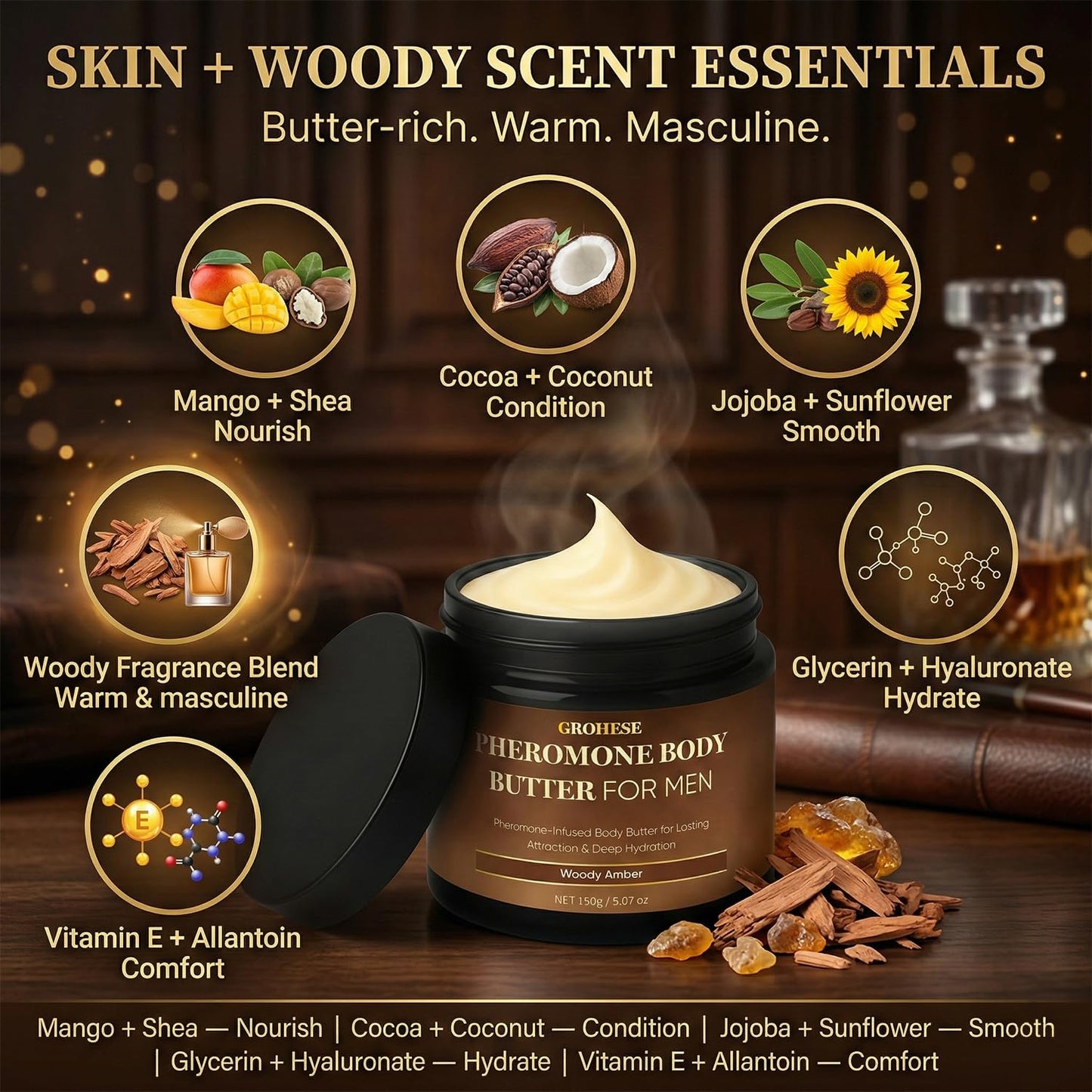 Baracca Pheromone Body Butter for Men - Woody Amber Skin Cream with Shea & Cocoa Butter | 8 oz