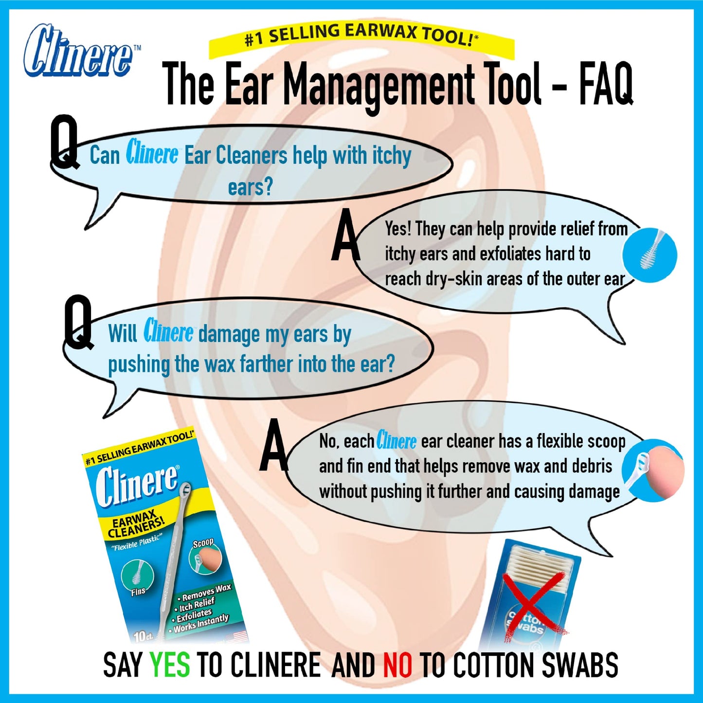 Clinere® Ear Cleaners, Gentle Ear Cleaning and Ear Wax Removal Tool, Itch Relief, Exfoliates, 10 Count