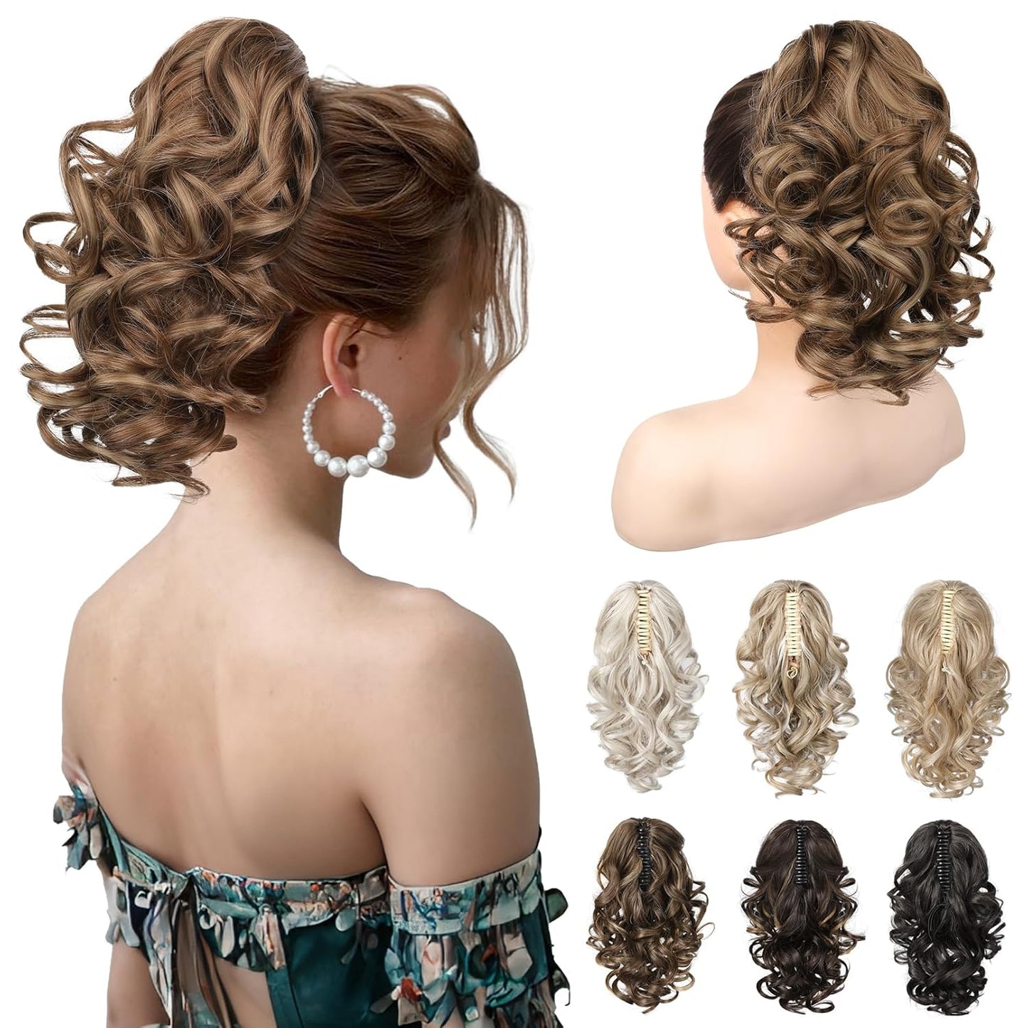 12-Inch Ponytail Extension - Classic Loose Curly Wavy Claw Clip Hairpiece for Women | Chocolate Brown with Highlights