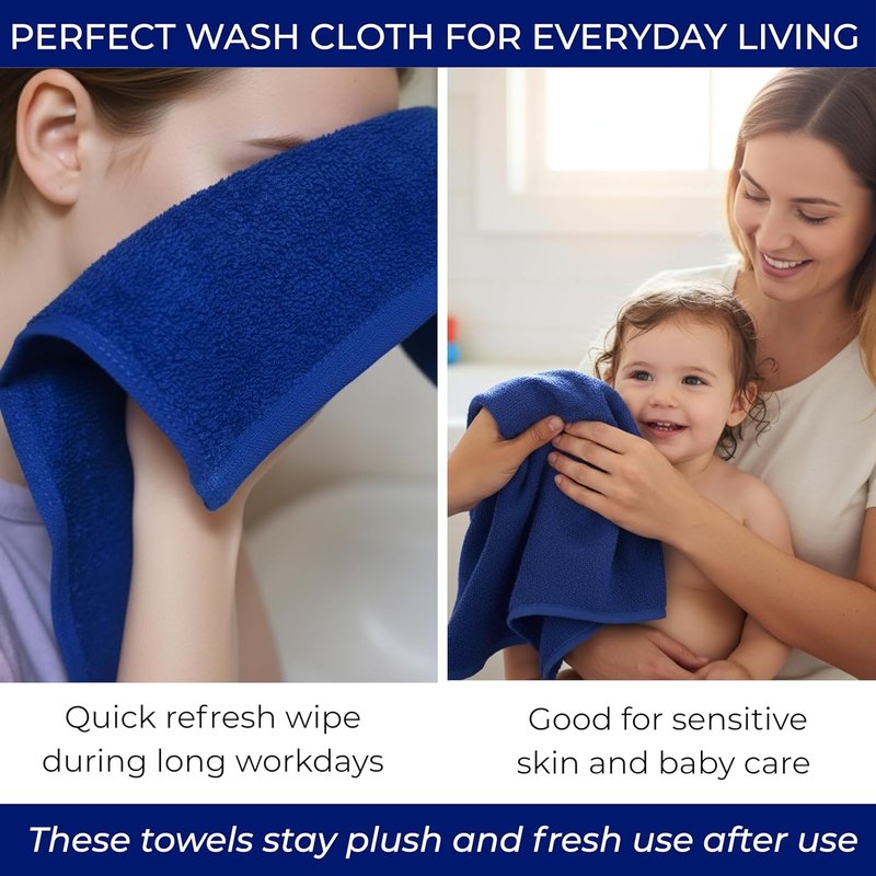Navy Blue Cotton Wash Cloths - Soft Absorbent 12"x12" Bath Rags | 6 Pack for Adults & Kids