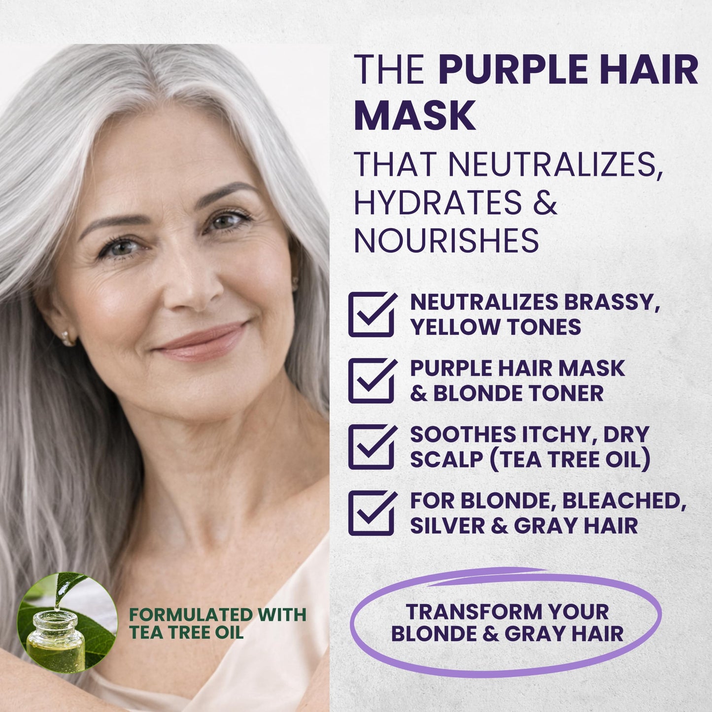KESMEDIK Tea Tree Purple Hair Mask, Pure Silver Formula for Brassy Yellow Tones, Deep Conditioning with Tea Tree & Argan Oil for Dry Damaged Bleached, Blonde & Gray Hair, Flaky Itchy Scalp Care