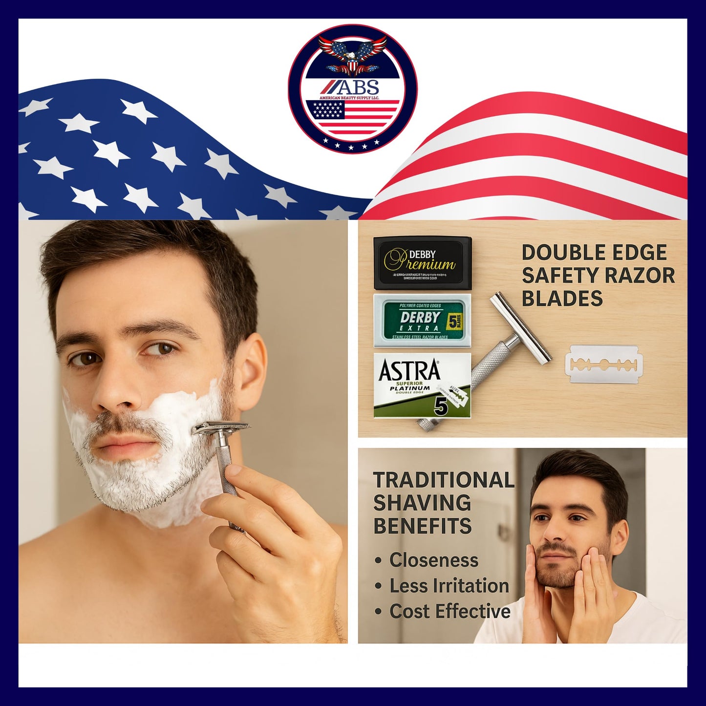 ABS American Beauty Supply Double Edge Safety Razor Blades Sampler Pack for Men-Includes 4 Top Global Brands: Personna Dorco Astra Derby-Comfortable Shaving –Fits All Double Edge Safety Razors (100)
