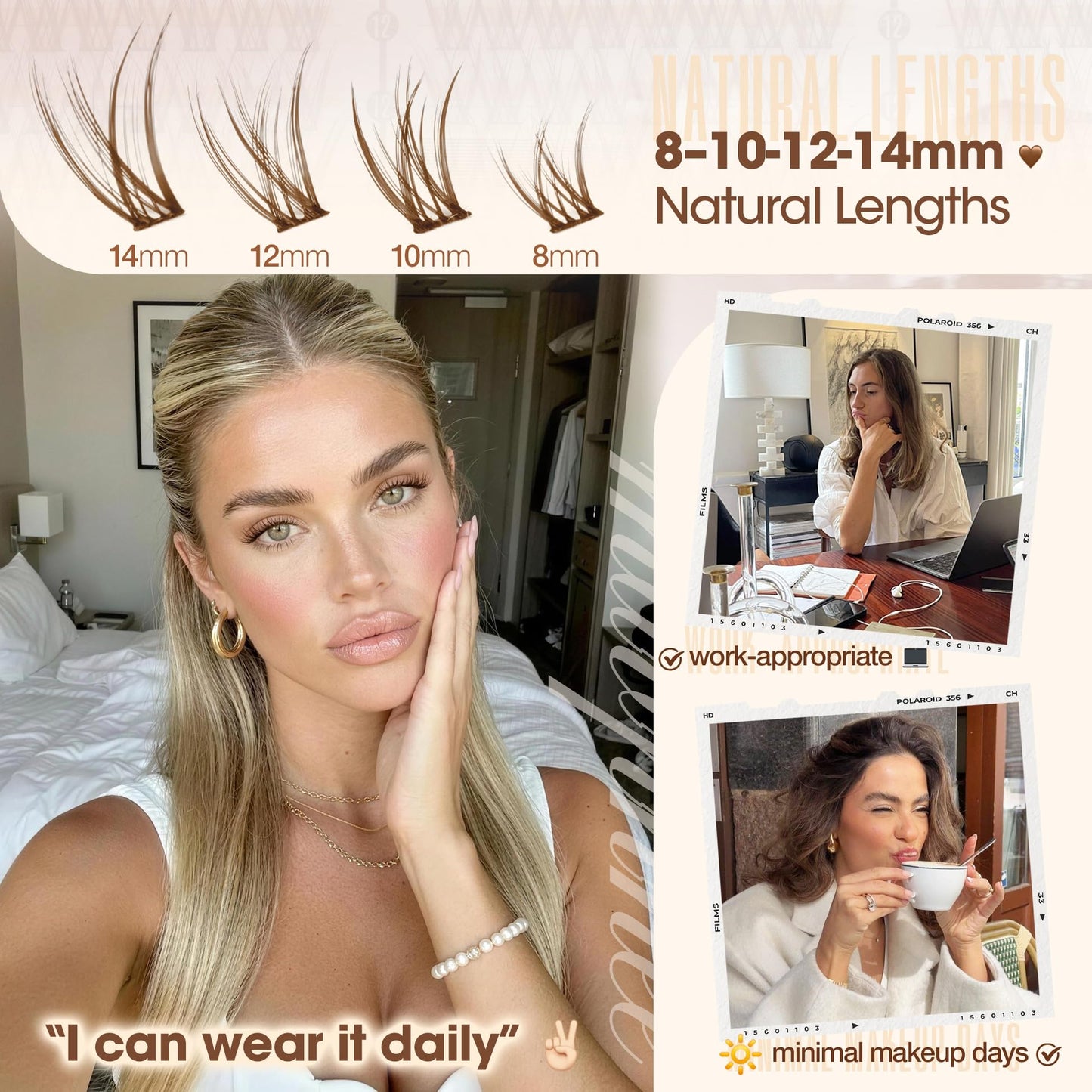 Brown Lash Clusters 8-14MM Wispy Natural Eyelash Extensions 216Pcs Short Dark Brown Cluster Lash Extensions C Curve Brown Band For Daily Wear, Natural Enhancement, Easy to Apply (Flit)