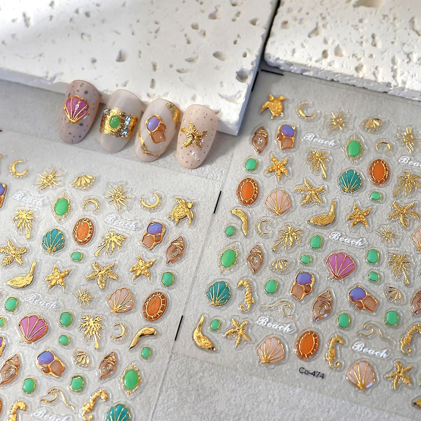 5D Embossed Ocean Nail Stickers - Pink Blue White Shell & Starfish Design | Summer Beach Nail Art Decals for Manicure