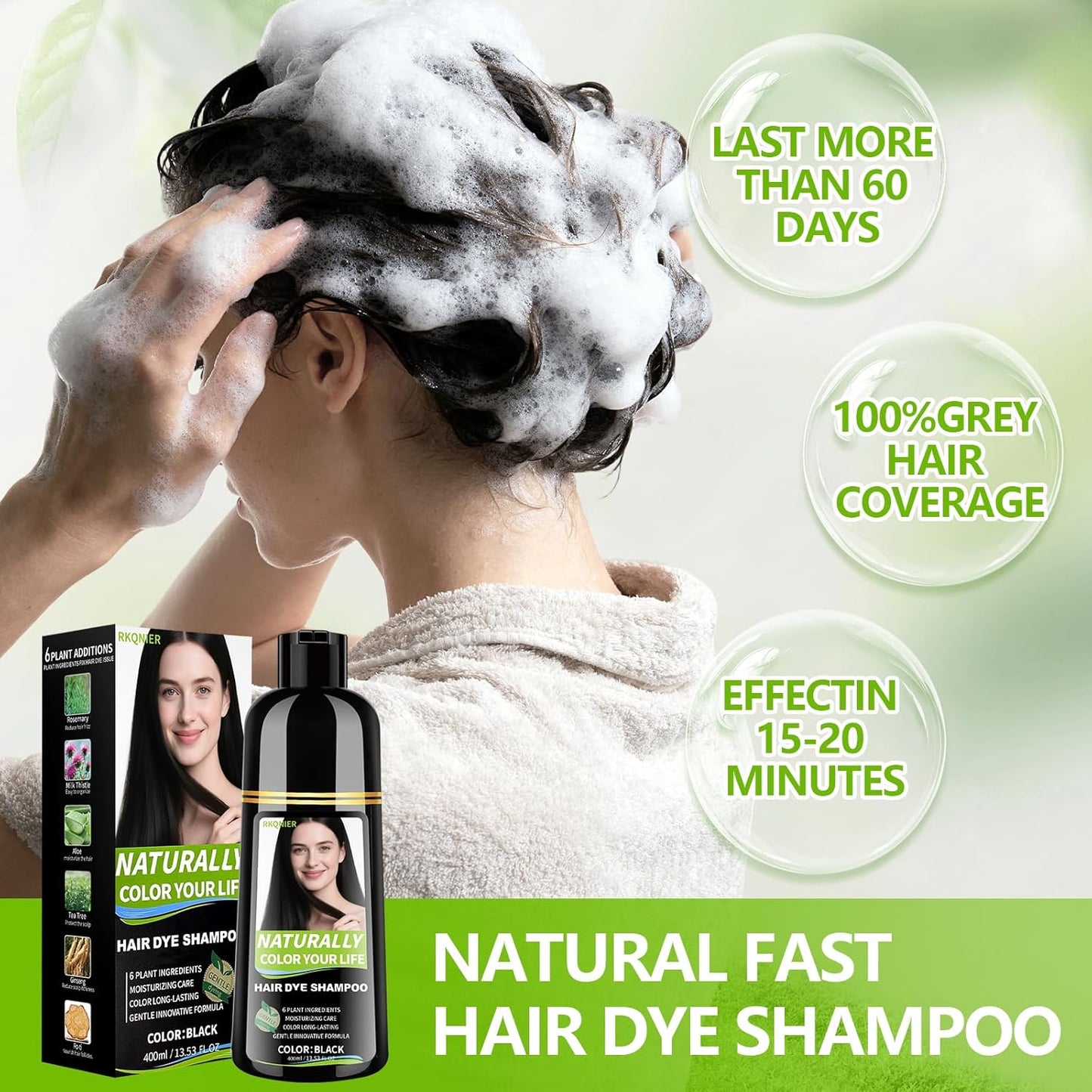 Black Hair Dye Shampoo - 10 Min Gray Coverage | 3-in-1 Semi-Permanent Color with Herbal Ingredients