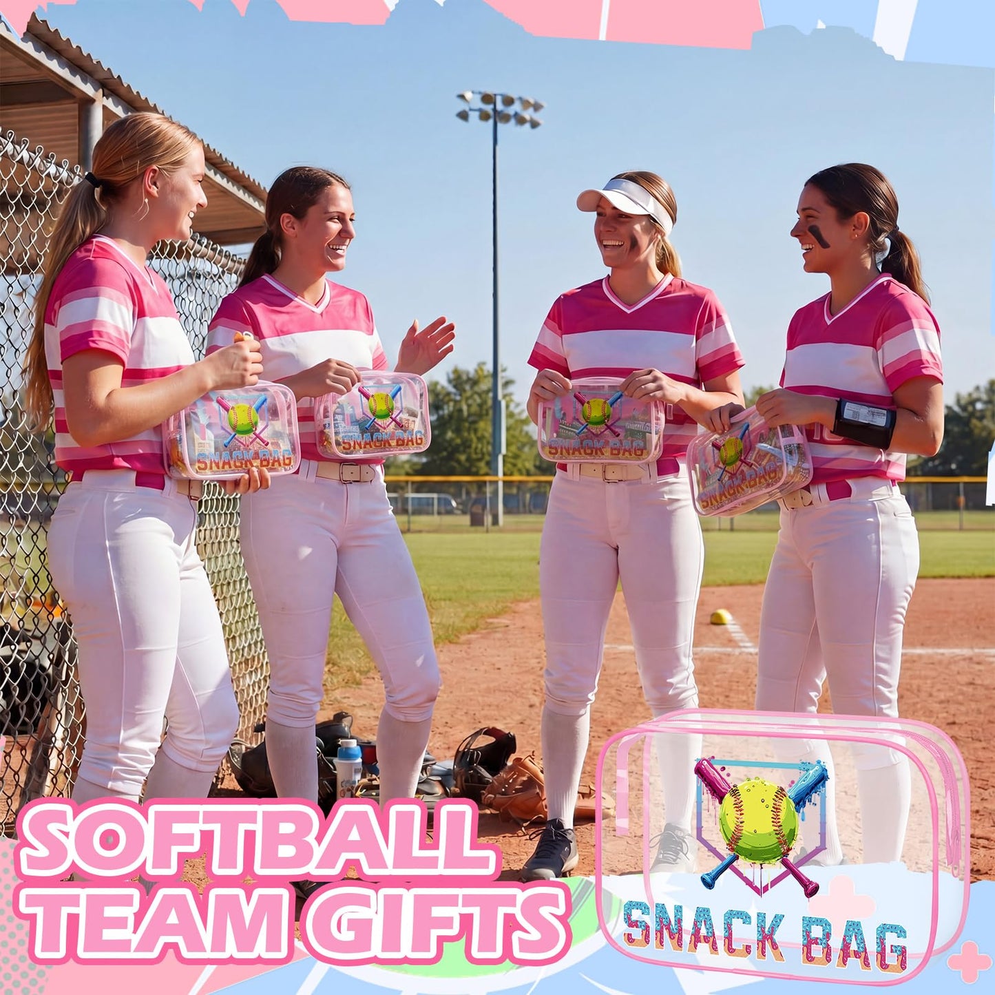 Sunnymove 12 Pcs Softball Party Favors Ice Cream Drip Snack Bags Cute Sport Gifts for Girls Women Makeup Bag Bulk Clear PVC Cosmetic Case Travel Handbag for Team Gift, 7.09 x 4.72 x 2.36''