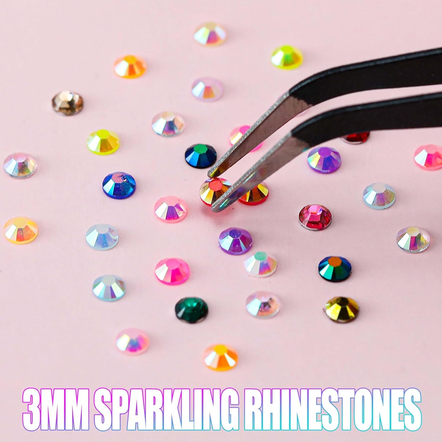 Rhinestones for Bedazzling | 30,000 Pcs 3mm Flatback Gems in 48 Colors with Glue & Tweezers for Nail Art & Crafting